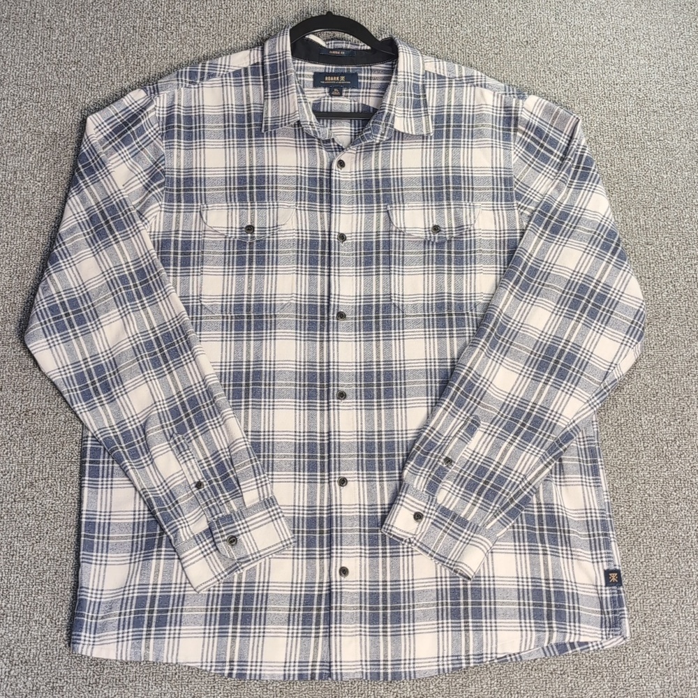 Roark Kemp Flannel Shirt in Grey/Cream Plaid Classic Fit Size XL